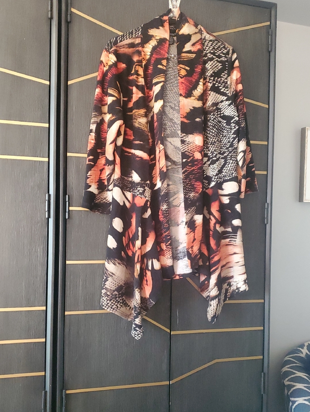 Frank Lyman Design Open Front Floral-Abstract Jacket in Black, Orange, Cream